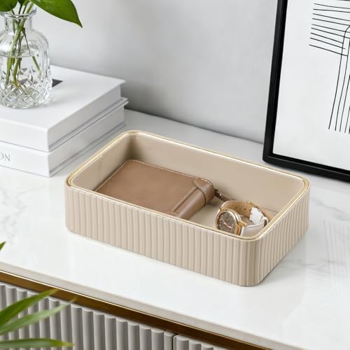 Desk Organizer Tray, PU Leather Nightstand Organizer, Beige, Small