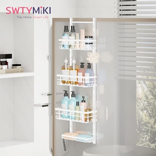 SWTYMIKI Over The Door Shower Caddy - 4 Tier Rustproof Hanging Shower Organizer with Adjustable Shelves, 40 Hooks & Soap Holder, Hanging Shower Rack Storage for Bathroom Accessories, White