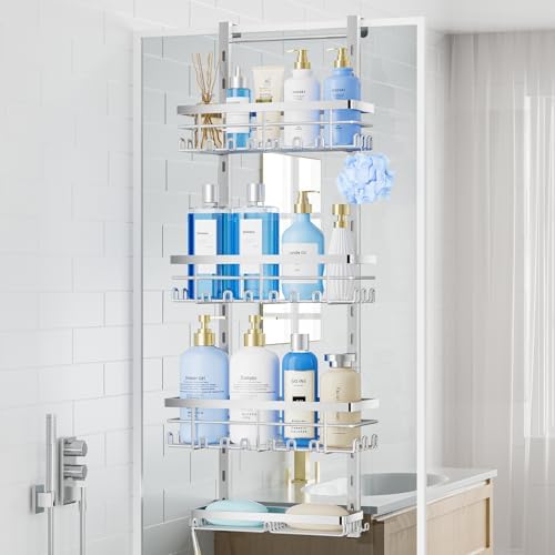 SWTYMIKI Over The Door Shower Caddy - 4 Tier Rustproof Hanging Shower Organizer with Adjustable Shelves, 40 Hooks & Soap Holder, Hanging Shower Rack Storage for Bathroom Accessories, Silver