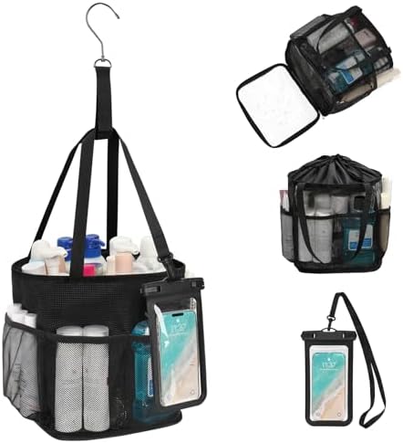 Mesh Shower Caddy Portable for College Dorm Room Essentials, Hanging Shower Caddy with Waterproof Phone Pouch, Large Capacity Shower Bag Basket Tote for Bathroom, Gym, Camping, Swimming, Beach, Black