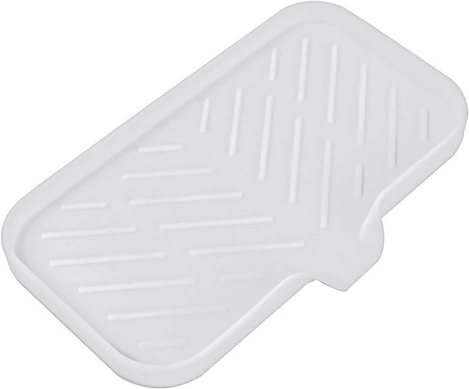 MicoYang Silicone Soap Dish with Drain Spout — Self-Draining Sink Organizer Tray for Bathroom & Kitchen, Sponges, Dispensers & Soap Holder, Non-Slip & Dishwasher Safe, White (Medium, 9.6"×5.3")