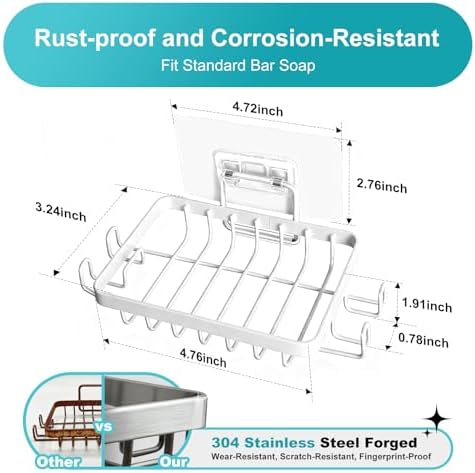 White Soap Holder,201 Stainless Steel Soap Dish for Shower - Soap Racks - Comfortable Wash Shower Shelf - Anticorrosive,Rust-Proof and Waterproof Square Bar Soap Holder
