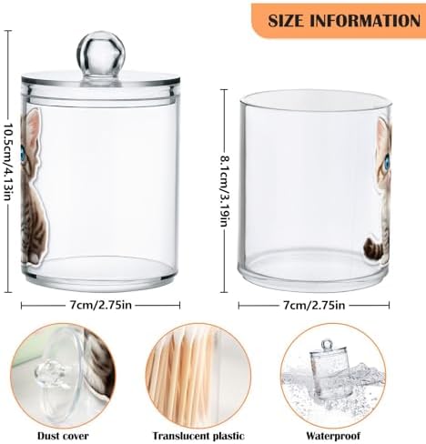 2 Pack Plastic Qtips Holder Cat Animal Cute Bathroom Organizer Canisters for Cotton Balls/Swabs/Pads/Floss,Plastic Apothecary Jars for Vanity