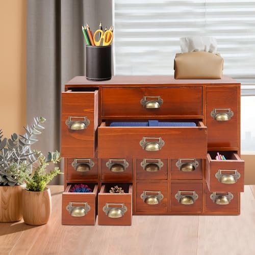 Apothecary Cabinet with 14 Drawers Library Card Catalog Cabinet Card Catalog Drawer with Metal Handles & Label Slot Wooden Desk Drawer Organizer for Herb Storage, Tea Collection (Old Brown)