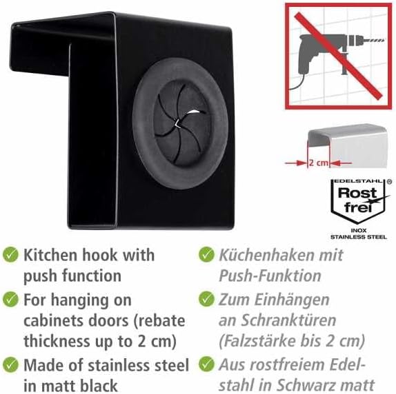 WENKO Haken Push, hochwertiger Küchenhaken aus rostfreiem Edelstahl in Schwarz matt Zum Einhängen an die Schublade Oder Schranktüre, Geschirrhandtücher Werden Einfach eingesteckt, 5 x 6 x 4 cm