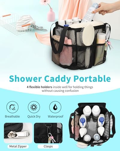 CUBETASTIC Mesh Shower Caddy Portable - Large Capacity Shower Tote for College Dorm Essentials, Bathroom, Gym, Camping, 360° Hanging Hook & 4 Pockets Travel Toiletry Bag (A# Black, 8.6"×8.6"×9.8")
