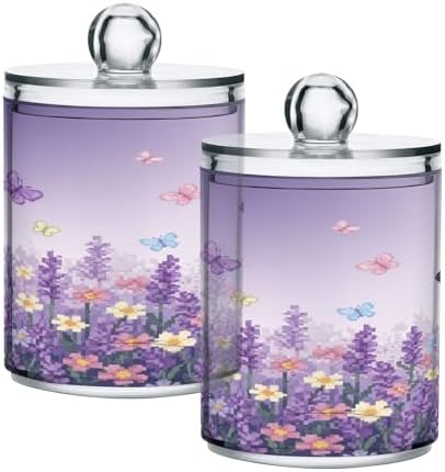 ALAZA Lavender Flower Butterfly Floral 4 Pack Qtip Holder Dispenser for Cotton Swabs, Balls, Pads, Floss 10 oz Plastic Canister Organizer