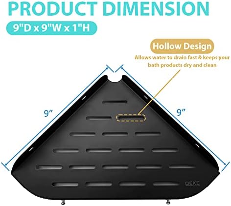 Qeke Corner Shower Shelf, 9" Corner Shower Caddy, SUS304 Stainless Steel Shower Organizer Wall Mount Corner Shelf with 2 Hooks for Bathroom, Dorm and Kitchen, Matte Black (2 Pack)