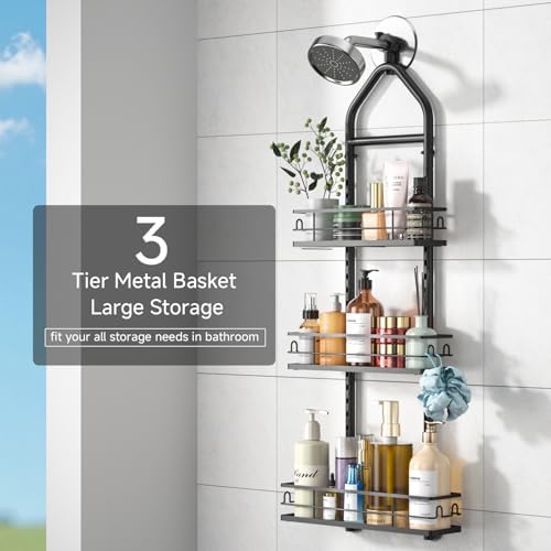 3 Tier Hanging Shower Head Caddy, Adjustable Hanging Shower Caddy Over Showerhead, No Drilling Handing Racks Rustproof for Bathroom Shampoo Soap Storage