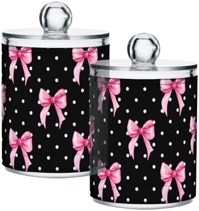 DOMIKING Polka Dot Bow Black 2 Pack Cotton Swab Holder Dispenser Plastic Jar Bathroom Storage Canister Acrylic Containers for Cotton Ball Floss Picks Hair Clips