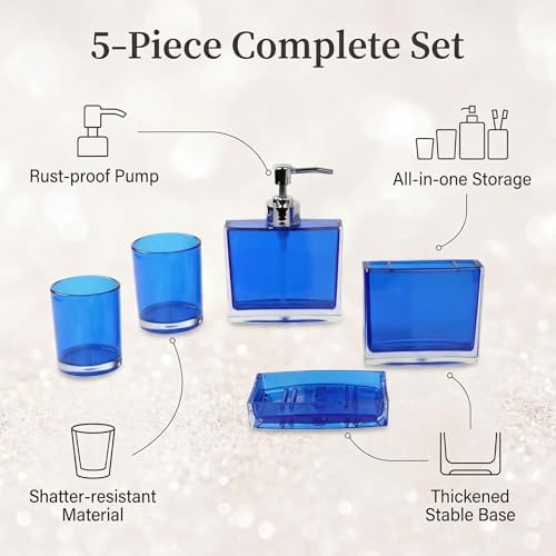 Bathroom Accessories Set, Acrylic Bathroom Accessory Set with Soap Dispenser,Soap Dish, Toothbrush Holder, Tumbler, Modern Bathroom Accessories Decor,Gift for Home (Blue-5)