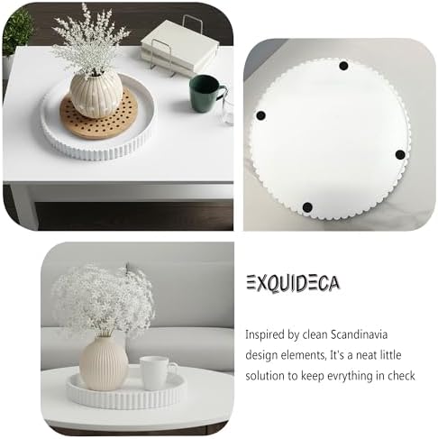 Modern Table 2pcs Nested Round Decorative Trays - Circle Coffee Table Centerpiece Set 12"/10" - Wooden White Crack Finish Bandejas with Fluted Edge