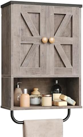 CHOEZON Bathroom Wall Cabinet, Medicine Cabinet with Open Partition and Towel Bar, Rustic Storage Cabinet with Open and Hidden Storage Space, for Bathroom, Living Room, Greige and Charcoal Black