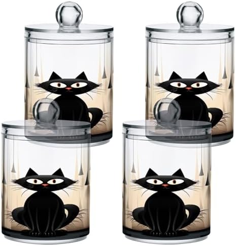 Qtip Holder Dispenser Apothecary Jars with Lids Cute Black Cat Clear Bathroom Container Cotton Swab Ball Holder 4 Pack