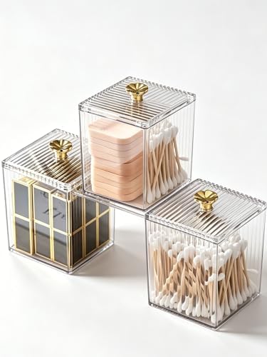 3 Pack Acrylic Qtip Holder Dispenser for Cotton Swabs Balls Pads Floss Picks, Bathroom Canister Storage Organizer, Acrylic Canister Apothecary Jar Set, Makeup Storage Organizer
