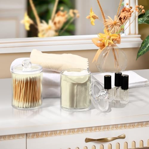Gredecor 4 Pack Beige Qtip Holder Organizer Dispenser Clear Bathroom Storage Canister Cotton Ball Holder Bathroom Containers for Cotton Swabs/Pads/Floss