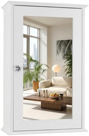 Bonnlo White Mirrored Medicine Cabinet - Wall Mounted Bathroom Storage Organizer with Single Door, 2 Adjustable Shelves & Magnetic Lock, Small Vanity Cabinet for Over the Toilet/Sink