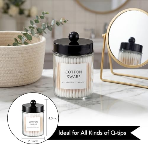 Amolliar Glass Apothecary Jars Qtip Holder w/Plastic Lids,Black 2pc