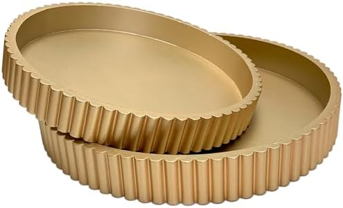 Modern Table Round Decorative Trays 2pcs Home Decor - Circle Coffee Table Centerpiece Set 12"/10" - Wooden Golden Ottoman Tray with Fluted Edge