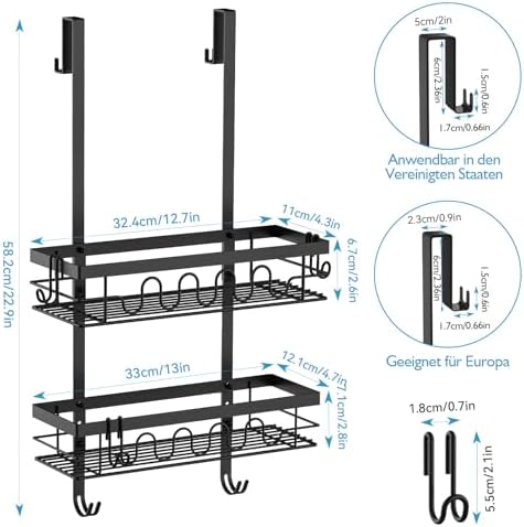 Over the Door Shower Caddy Hanging, Rustproof Hanging Shower Organizer for Glass Door, No Drilling Adjustable Shower Shelves for inside shower with 4+3 Hooks, Suitable for Kitchen/Bathroom/Balcony