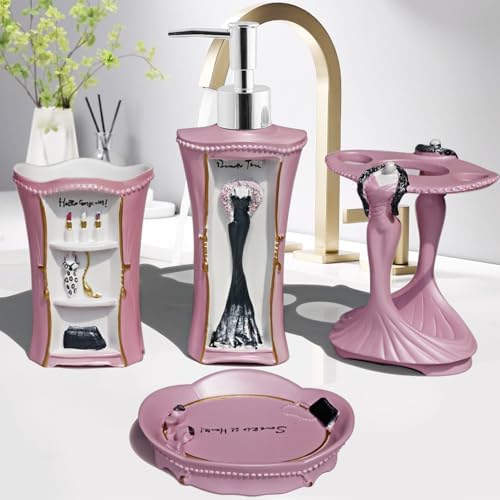 LUANT 6 PCS Bathroom Accessories Including Soap Dispenser, Soap Dish, Tumbler, Teethbrush Holder, Trash Can and Toilet Brush, Decoration for Girl's Bathroom, Countertop Oragnizer, Pink