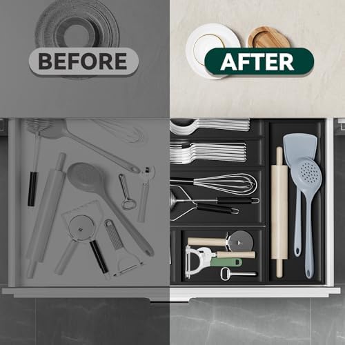 Lixple Bamboo Kitchen Drawer Organizer, 2 Pack, 12" x 3" x 2", Black