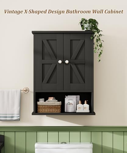 Keehusux 15" W x 19.7" H Small Black Medicine Cabinet with 2 Barn Doors