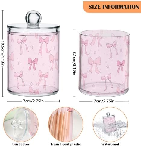 Gredecor 2 Pack Qtip Holder Clear Pink Ribbon Bow Star Apothecary Jars with Lids Acrylic Bathroom Jars Vanity Countertop Canister Storage Organizer for Cotton Ball,Swabs,Pads,Floss