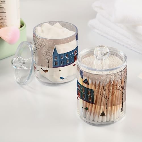 Christmas Winter Qtip Holder Dispenser 4 Pack Snowmen Snow Courtyard with Trees Apothecary Jars with Lids Bathroom Vanity Countertop Canister Storage Organizer for Cotton Ball,Swabs,Pads,Floss