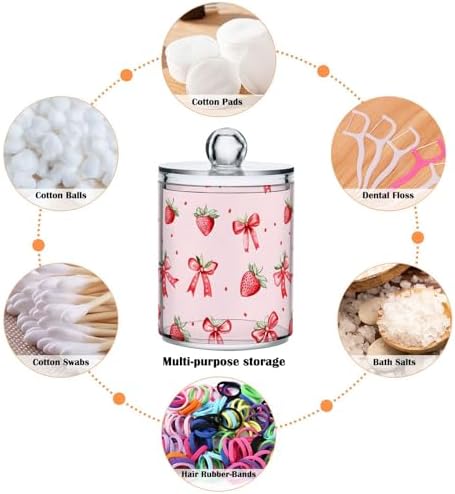 ALAZA Strawberry Bow Polka Dots 4 Pack Qtip Holder Dispenser for Cotton Swabs, Balls, Pads, Floss 10 oz Plastic Canister Organizer