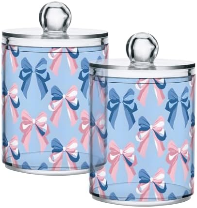2 Pack Qtip Holder Dispenser for Cotton Ball Pink Bow Blue Pattern Swab Round Pads Clear Plastic Acrylic Jar Set Bathroom Canister