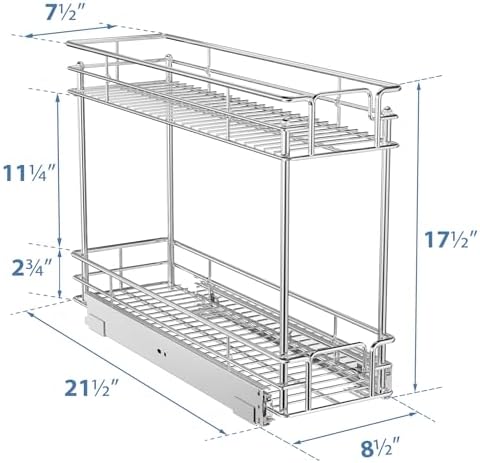 ROOMTEC Pull Out Cabinet Organizer for Narrow Cabinet (8.5" W X 21.5" D), Kitchen Cabinet Organizer and Storage 2-Tier Cabinet Pull Out Shelves Under Cabinet Storage for Kitchen, Chrome