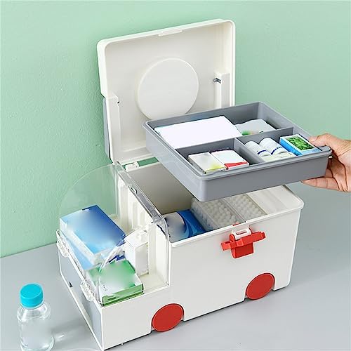 Derefine Medicine Box, Cute Ambulance Shape Double Layer Large Capacity Medicine Storage Box with Portable Handle, Multifunctional Sturdy Durable Storage Organizer Baskets for Home(Grey)