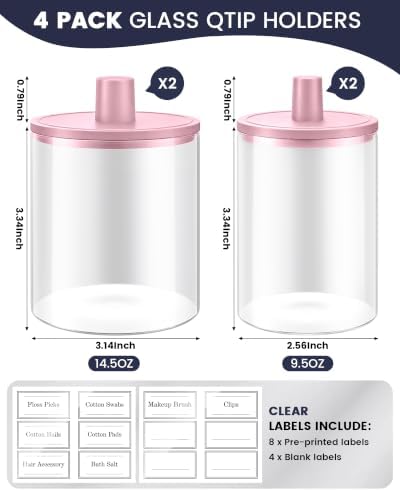 Glass Qtip Holder Dispenser - 4 Pack, Bathroom Decor and Organizer