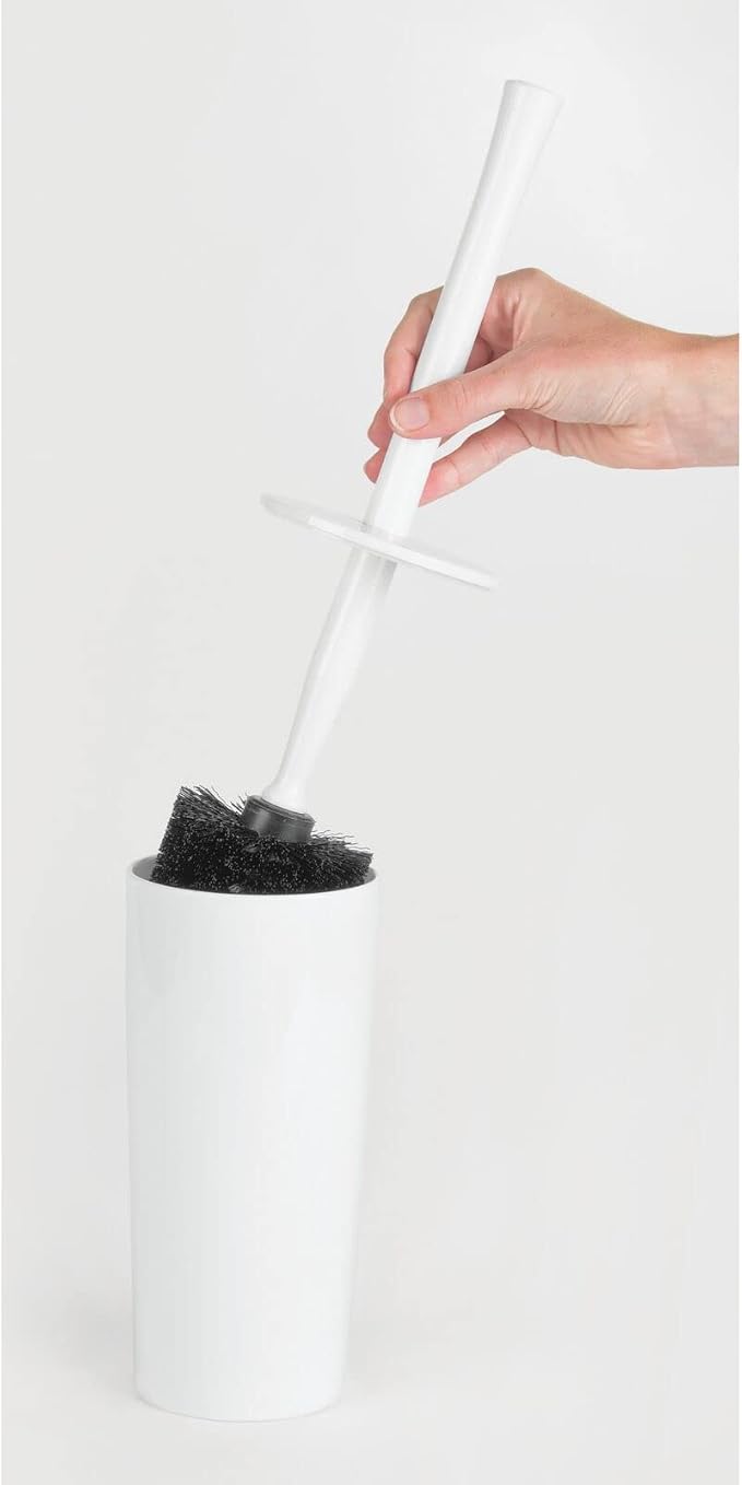mDesign Slim Plastic Toilet Bowl Brush and Holder Set, Modern Compact Storage Organizer Cleaner Scrubber for Toilet - Heavy Duty Cleaning Plunger for Bathroom, Aura Collection - White