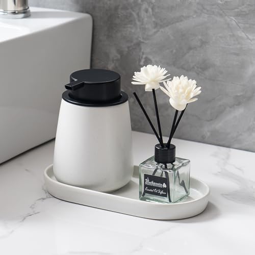 Speckled White Round Soap Dispenser Tray - 8'' Ceramic Vanity Tray for Bathroom Decorative, Jewelry Ring Dish, Comestic Holder, Kitchen Sink Countertop Organizer Plate