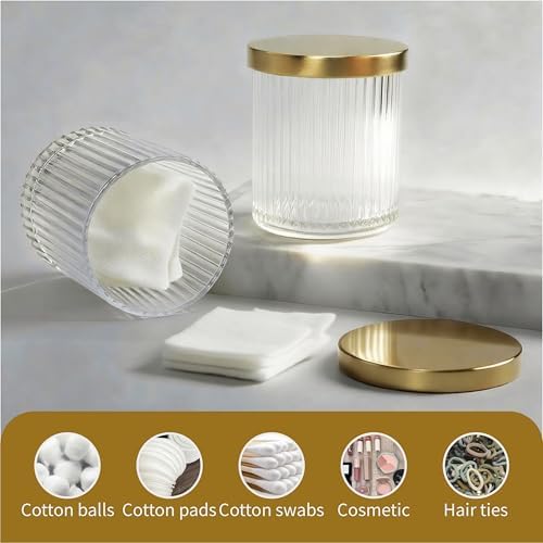 2 Pack Qtip Holder Dispenser with Metal Lids | Ribbed Glass Canister Set for Bathroom Vanity (Gold 2 Pcs)