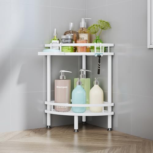 HapiRm Standing Corner Shower Caddy - 2 Tier Shower Organizer Corner with Soap Holder and 4 Hooks, Rustproof Bathroom Storage Shelves with Adhesives, White