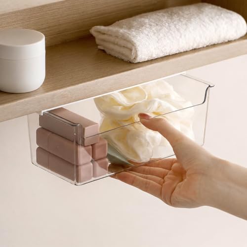 Medicine Cabinet Organizer Wall Mount,Small Pull-Out Organizer Box,Self-adhesive Under Medicine Cabinet Drawer Holder,Make Up Storage for Bathroom Mirror Cabinets, Clear (2)