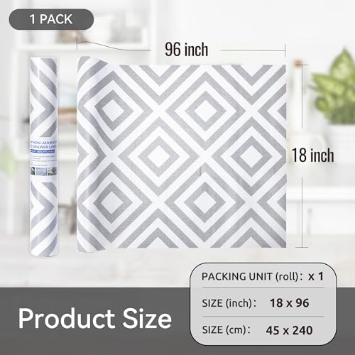 FIFTY FEET 18"x96" Non-Adhesive Shelf Liner for Kitchen Cabinets and Drawers, Washable Non-Slip PVC Cabinet Liner (Gray Plaid)(1 Roll)