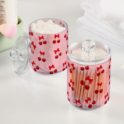 DOMIKING Bow Cherry Fruit Pink 2 Pack Cotton Swab Holder Dispenser Plastic Jar Bathroom Storage Canister Acrylic Containers for Cotton Ball Swab Round Pads
