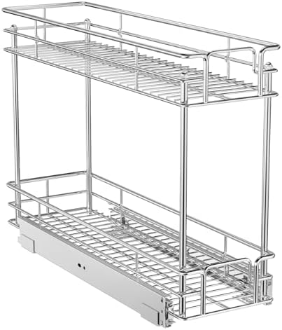 ROOMTEC Pull Out Cabinet Organizer for Narrow Cabinet (8.5" W X 21.5" D), Kitchen Cabinet Organizer and Storage 2-Tier Cabinet Pull Out Shelves Under Cabinet Storage for Kitchen, Chrome