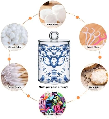 Blue White Porcelain Qtip Holder 4 Pack - 10 Oz Clear Plastic Apothecary Jar Set for Bathroom Organization - Versatile Canister Storage for Cotton Balls, Swabs, Rounds