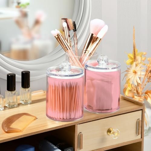 Gredecor 4 Pack Light Pink Qtip Holder Organizer Dispenser Clear Bathroom Storage Canister Cotton Ball Holder Bathroom Containers for Cotton Swabs/Pads/Floss