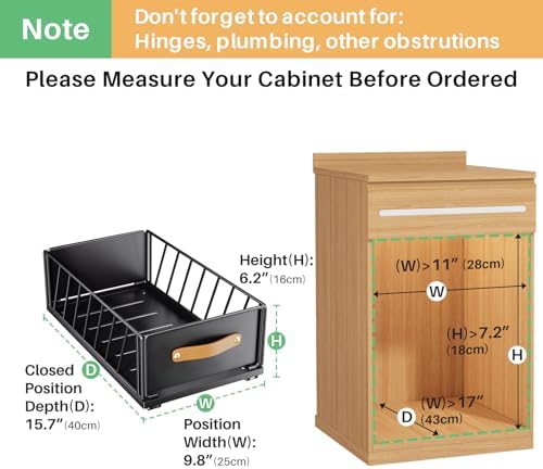Pull out Cabinet Organizer,Heavy Duty Slide out Pantry Shelves Drawer Storage with Adhesive Nano Film,Sliding Mesh Cabinet Basket with Handle for Kitchen, Bathroom, Home, 9.8"W X 15.7"D X 6.2"H,Black