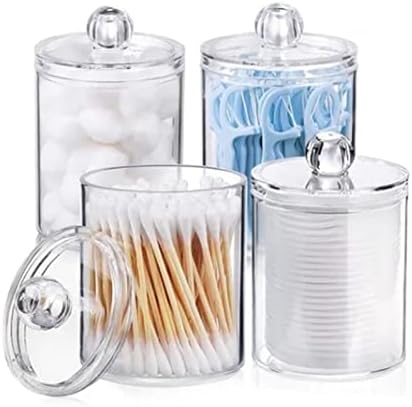 Cotton Pad, Cotton Buds Holder Dispenser for Cotton Ball, Swab, Round Pads, Floss - Clear Plastic Apothecary Jar Set Bathroom Canister Storage Organization, Vanity Makeup Organizer