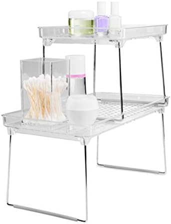 madesmart Medium Stackable Storage Shelf for Cabinets or Counters, Plastic Collapsible Cabinet Shelf for Home Organization, Clear (Pack of 2)