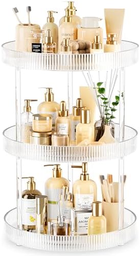 3-Tier Lazy Susan Bathroom Countertop Organizer, 360° Clear Rotating Storage Tray, Cosmetics and Perfume Organizer, Spinning Storage Tray Vanity Organizer Shelf for Bathroom Cabinet, Kitchen(Medium)