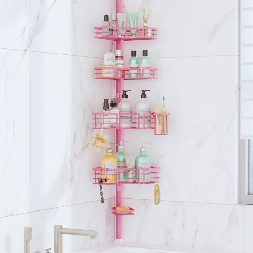 SWTYMIKI Shower Caddy Tension Pole - 4-Tier Corner Shower Organizer, Pink