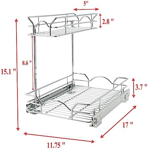 OCG Under Sink Cabinet Organizer Two Tier Pull Out Shelf (11.75W x 17D), Under Sink Sliding Shelf for Kitchen Bathroom Cabinet 2 Tier Chrome